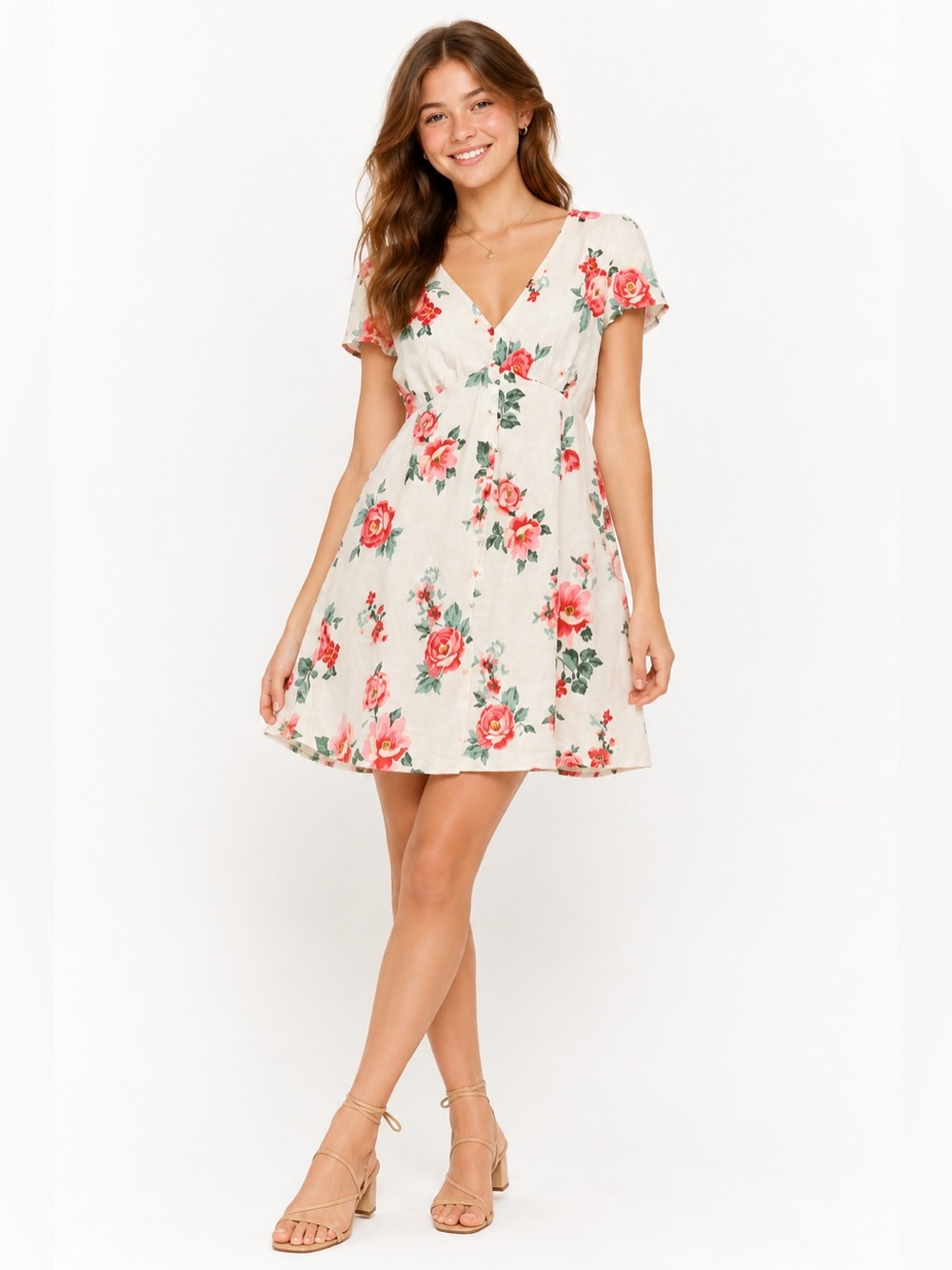 My Michelle Floral Linen Blend White Roses Fit & Flare Mini Dress Size Small
